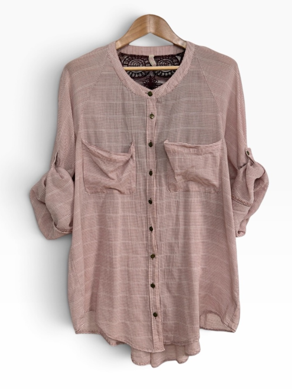 Free People Burgundy Stripe Button Front Lace Back Tunic Top Boho Medium M